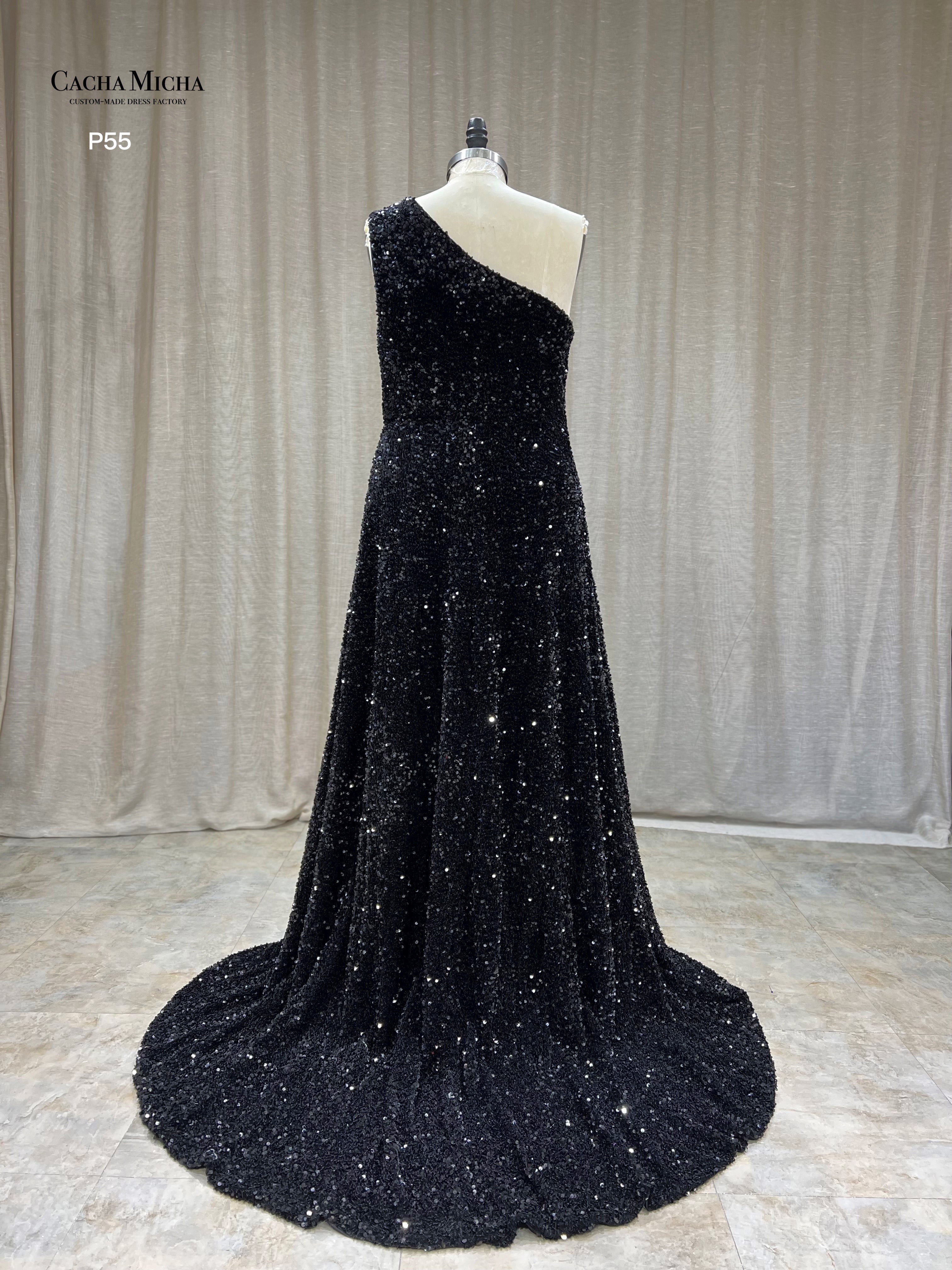 Black Sequin Evening gown with Chapel Train P55 – lartisanbridal bridal